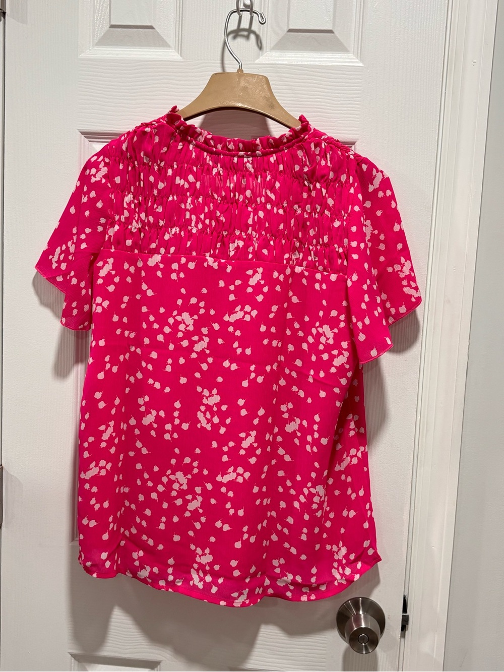Flutter-Sleeve Smocked-Neck Blouse in Hot Pink - Picture 3 of 7